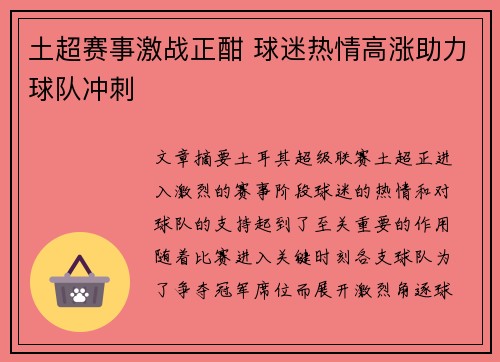 土超赛事激战正酣 球迷热情高涨助力球队冲刺