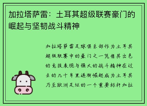 加拉塔萨雷：土耳其超级联赛豪门的崛起与坚韧战斗精神