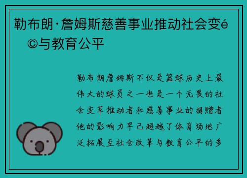 勒布朗·詹姆斯慈善事业推动社会变革与教育公平 勒布朗·詹姆斯慈善事业推动社会变革与教育公平