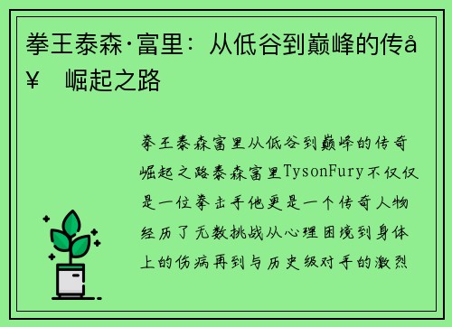 拳王泰森·富里：从低谷到巅峰的传奇崛起之路